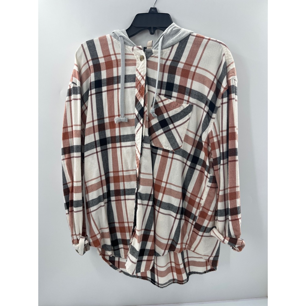Como Vintage Plaid Flannel Hoodie Button Down Shirt Large Rust Cream Black